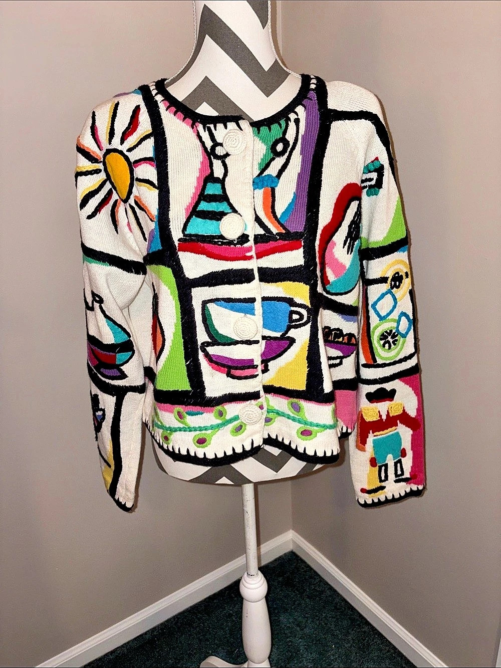 Michael Simon Multicolor Art Knit Cardigan Size Large